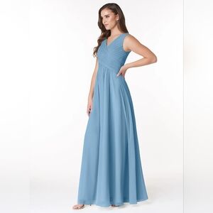 Azazie Flora Steel Blue A-Line Pleated Chiffon Dress